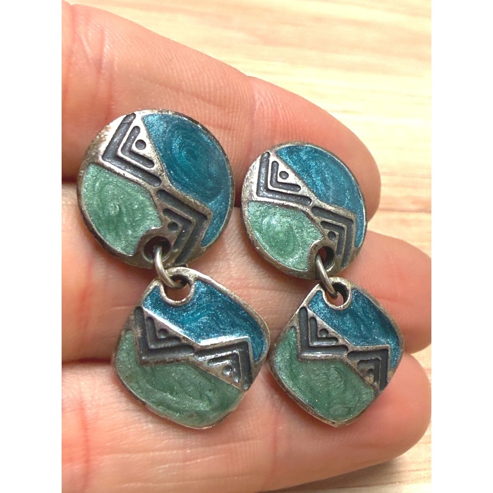 Vintage Blue Green Enamel Geometric Dangle Earrings Silver Tone Pierced